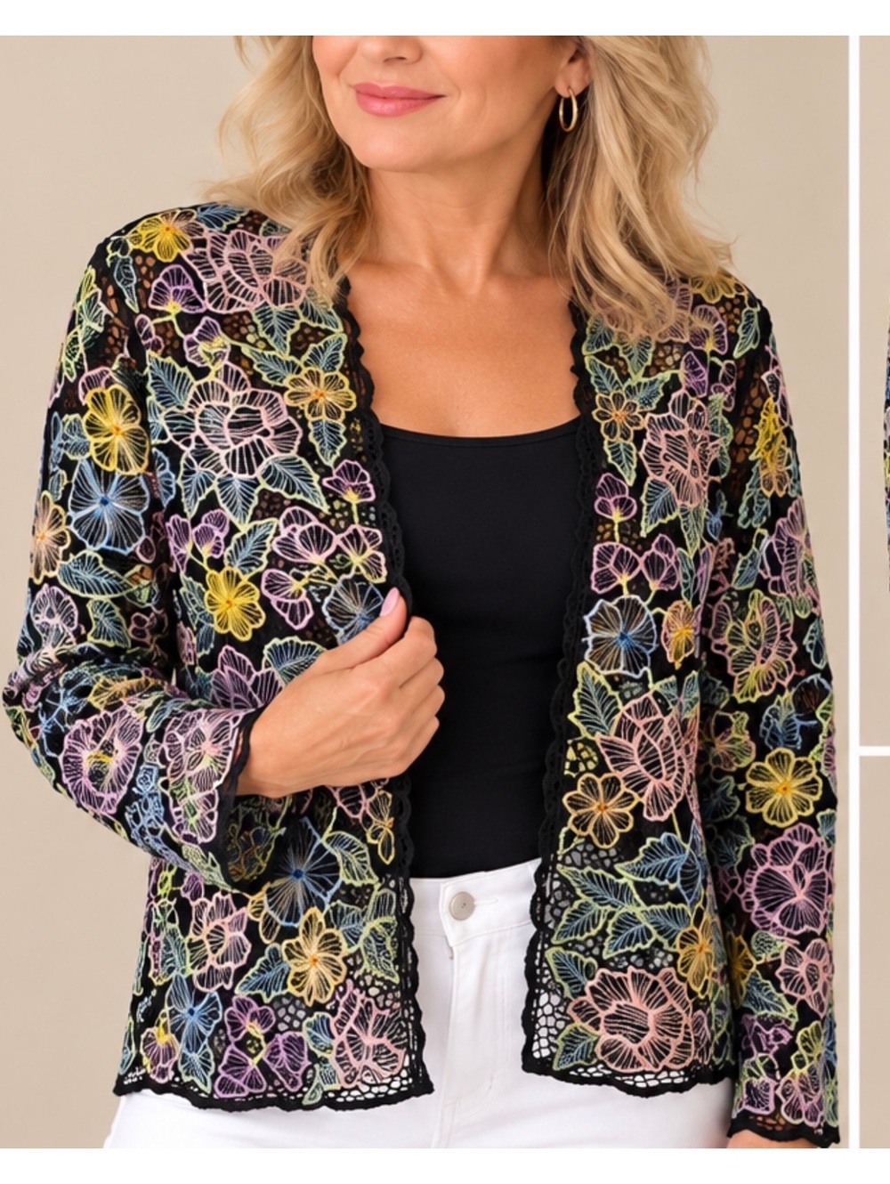 Vintage HiBis Lace Works Floral Embroidered Jacket M Black Rayon Boho NWT
